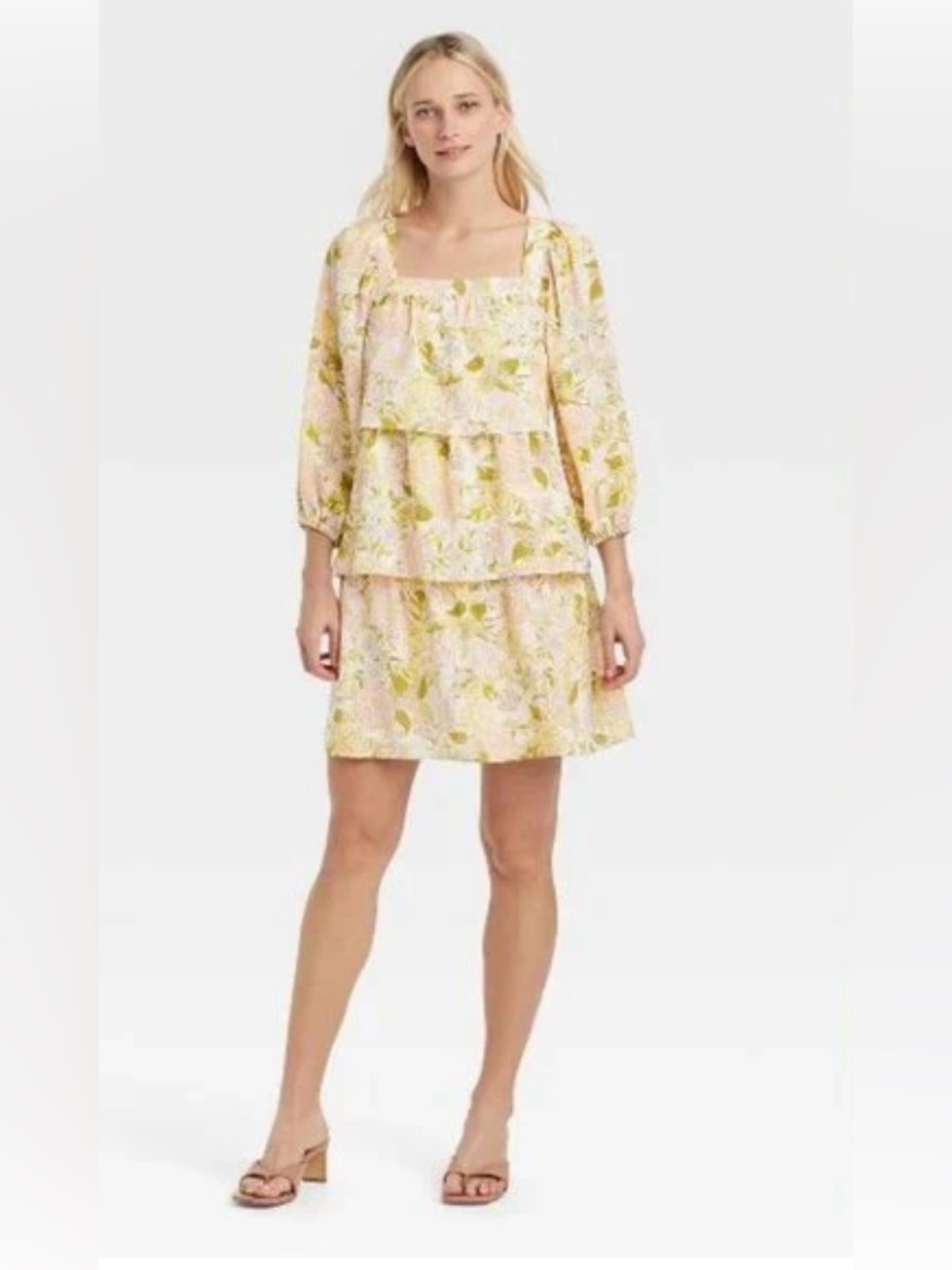 Who What Wear Sz S, Floral Tiered Square-Neck Mini Dress, Light Pink and Yellow.